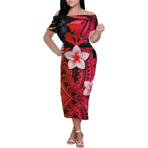 HYCOOL 2021 New Arrival Women Party Mermaid Midi Dress Elegant Hawaii Tribal Sexy Off Shoulder Polynesian Party Dress Flower