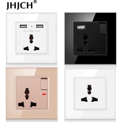 JHJCH 13A universal switch socket 2 USB charging port output 2.1A wall power socket crystal glass panel
