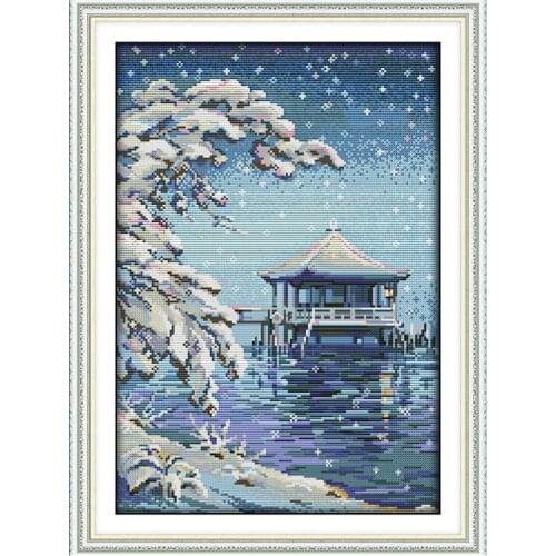 Joy Sunday Pavilion pattern in the water Home decoration Chinese style printing Cross stitch embroidery Knitting fabricprinting