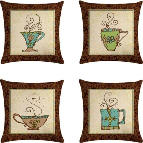 Coffee Pillowcase Cotton Linen Cartoon Throw Pillow Cover 45x45cm Home Decor For Sofa Cushion Cover Indoor/Outdoor Use pillow