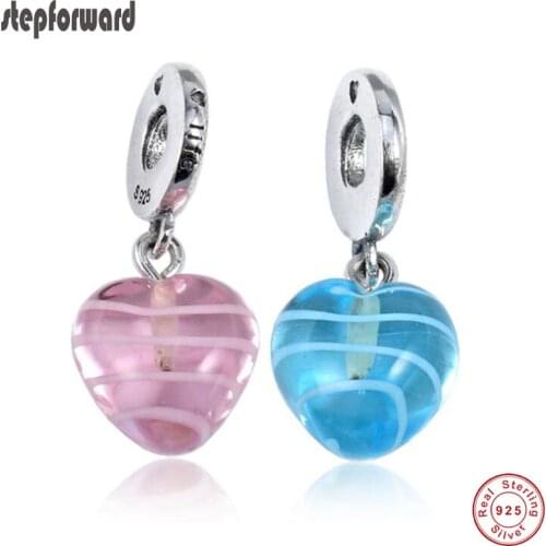 Beautiful DIY 925 Real Silver Pink And Blue Crystal Heart Pendant Charm Fit European Famous Bracelet
