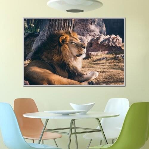 Lion Lying on Grass Enjoying With Closed Eyes Animal Wall Art Canvas Painting Picture for Living Room Home Decoration Unframed