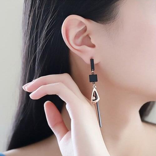 Personality Geometry Square Ellipse Black Gem Long Tassel Stud Earrings Female Party Metal Charm Earrings Fashion Jewelry