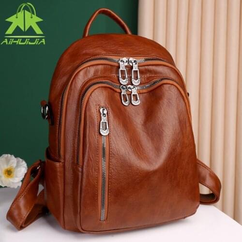 Fashion High Capacity Solid Color Backpack Multifunction Womens Shoulder Bags 2021 New High Quality Pu Leather Women Handbag