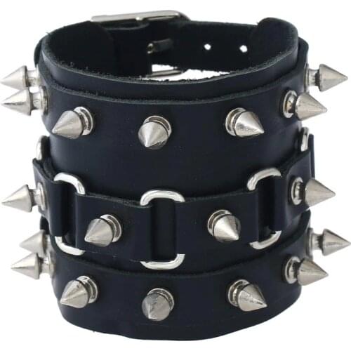 Unisex Spike Studded Rock Punk Biker Wide Strap Leather Bracelet Gothic Rivet Buckle Wristband