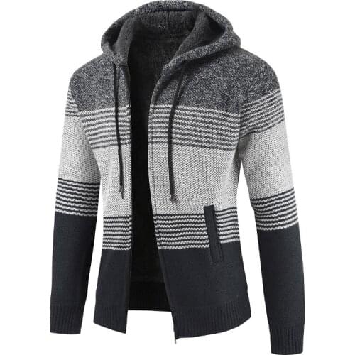 Mens Vintage Knitted Sweater Coat 2019 Winter Thick Warm Hooded Cardigan Striped Line Casaco Masculino Zipper Fleece Jackets