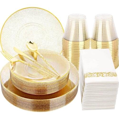 50 Pieces Disposable Tableware Gold Glitter Plastic Tray With Gold Glitter Plastic Silverware Suitable for Weddings and Parties