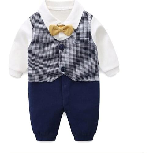 Fake Two-Piece Autumn Romper New Male Baby Plaid Gentleman Clothes Newborn Cotton Long-Sleeved Jumpsuit 0-2 Years Old
