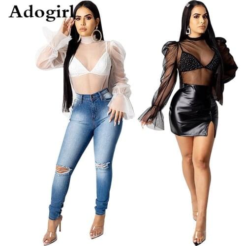 Sheer Mesh See Through Blouse with Diamonds Bra 2 Piece Top Stand Collar Flare Long Sleeve Sexy Shirts Night Club Woman Clothes