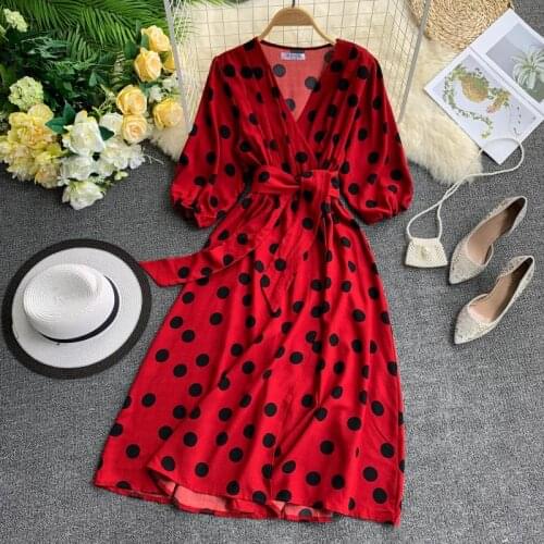 HISUMA 2019 summer new female deep V-neck dot puff Sleeve lace-up waist chiffon A-line Dress womens elegant slim dresses