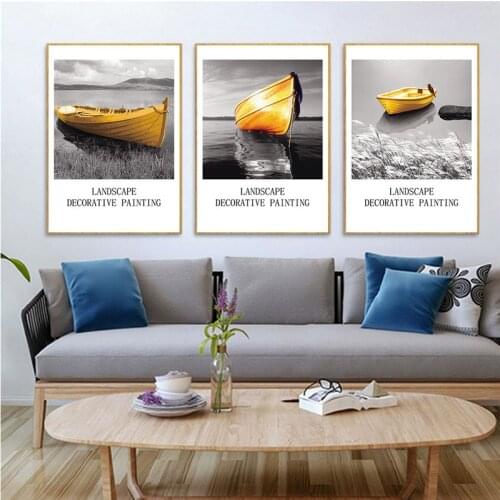 Nordic Canvas Poster Printed Art Picture Minimalist Simple Black And White Scenery Golden Boat Living Room Bedroom Wall Decor