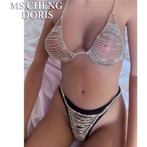 Sexy Rhinestone Underwear Chain Bra and Panties Body Chain Bikini Harness Luxury Jewelry Nightclub Crystal for Women Copper
