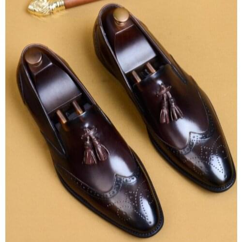 Casual Business Genuine Leather Men Shoes Handmade Carving Tassel Dress Shoes Mens Daily Office Work Pointed Toe Shoes Big Yards