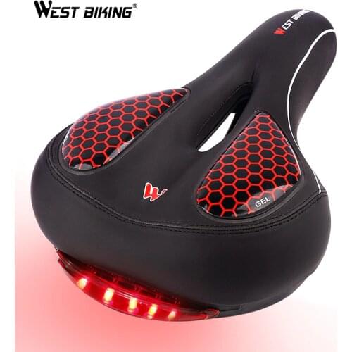 WEST BIKING PU GEL Soft Bike Saddle Thicken Seat With Taillight Flash Light Waterproof Front Saddle Comfortable Bicycle Cushion