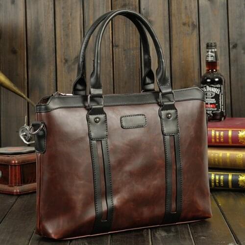 Mens Vintage Briefcase Waterproof PU Leather Handbag male Computer Laptop bag Business office shoulder bags Large capacity Tote