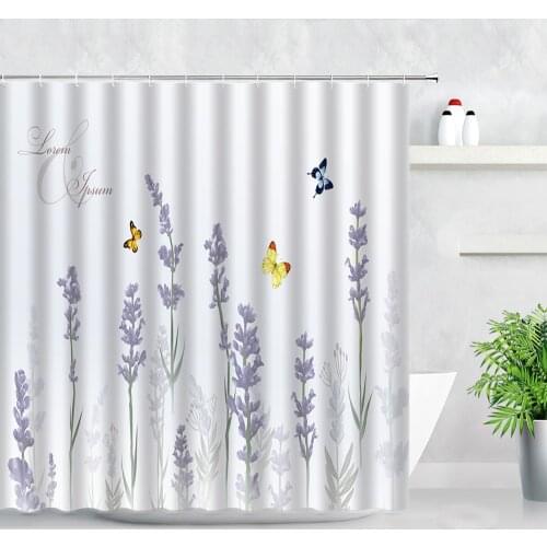 Floral Plant Lavender Shower Curtains Butterfly Hand Painted Flowers Green Leaves Simple Home Decor Waterproof Bathroom Curtain