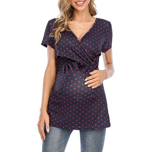 Women Maternity Tunic Tops Mama Clothes Polka Dot Print Short Sleeve V Neck Pregnancy Summer T-shirt Casual Loose Tops femme D20