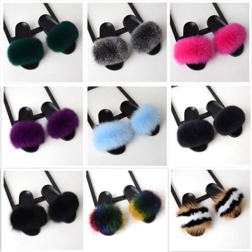2021 New Fox Fur Slippers Women Home Slides Fashion Color Furry Flip Flop Summer Shoes Woman Spring Autumn Women Slipper WSH3758
