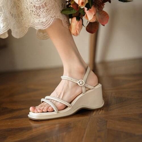 Women White Pearl Adjustable Ankle Strap Espadrilles Genuine Leather High Heel Summer Platform Comfort Wedge Sandals Shoes