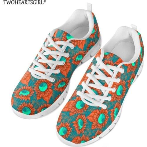 Twoheartsgirl Sunflowers Printed Sneakers Women Shoes Lace-Up Shoes Rubber Mesh Round Flat Sneakers Ladies Walking Shoes