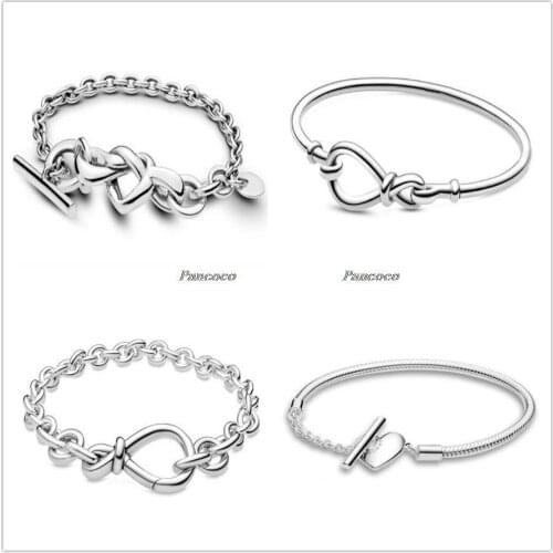 Authentic 925 Sterling Silver Bracelet Knotted Heart-embellished T-clasp Link Bangle Fit Women Bead Charm Pandora Jewelry