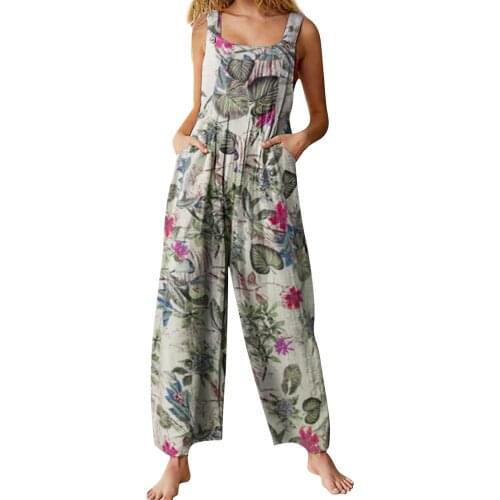 Women Summer Boho Foral Jumpsuit Leaf Print Square Neck Sleeveless Rompers Casual Overalls with Pockets Loose Pants Jumpsuits