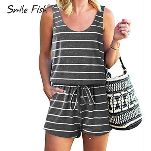 Beach O-Neck Girls Tank Outfits Pockets Striped Sleeveless Playsuits 2021 Women Summer Solid Casual Jumpsuit Shorts Romper G1461