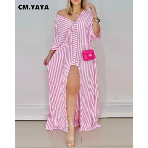 CM.YAYA Women Long Dress Print Wrist Sleeve V-neck Single Breasted Loose Straight Splited Maxi Dresses Vintage Vestidos Autumn