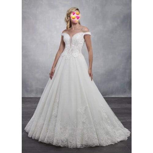 Modest off Shoulder Wedding Dress 2021 Fashion Ball Gown Sweep Train White Bridal Gown Appliques Beading Organza Lace Up Back