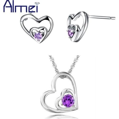 Almei Jewelry Sets Lady Bridal Silver Color Full Zircon Clear Purple Rhinestone Crystal Love Heart Wedding Gift For Bridal T176