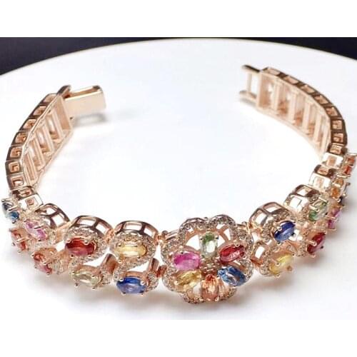 Natural real colorful sapphire luxury chain bracelet 925 sterling silver 3*5mm 0.35ct*22pcs gemstone For men or women X216153