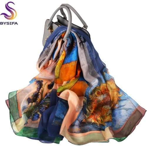 BYSIFA| Ladies 100% Silk Chiffon Scarf Shawl Van Gogh sunflower Beach Shawl Women Long Scarves Elegant Headscarf Winter Scarves
