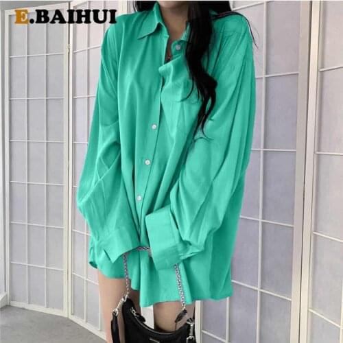 E-BAIHUI White Blouse Women 2021 Long Sleeve Oversized Green Shirt Female Spring Pocket Official Tops Blusas Roupa L1100
