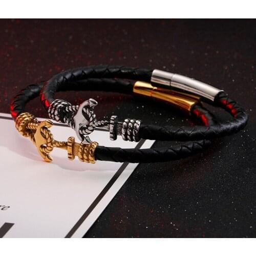 European and American fashion anchor titanium steel cowhide bracelet retro mens jewelry wire leather bracelet