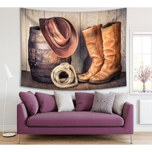 Tapestry Wild West Retro Leather Cowboy Hat Old Boots And Oak Barrel Vintage Style Photo Printed Beige Brown