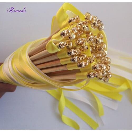 Hot 50pcs/lot Yellow and White wedding ribbon wands with gold bell ribbon Twirling Streamers wedding ribbon stick for wedding