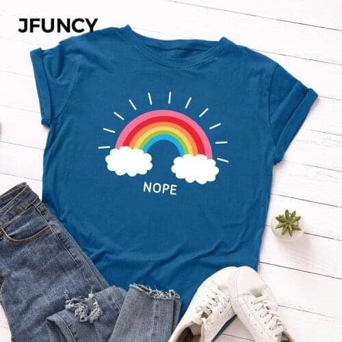 JFUNCY Women T-shirt Rainbow Clouds Print Tops Summer 100% Cotton Woman Tshirt Plus Size Loose Tees Female Streetwear Tshirt