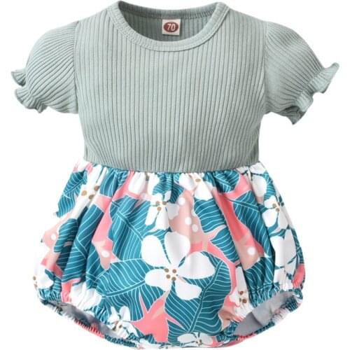 Pudcoco 0-12M Romper Baby Girls Floral Print Stitching Patchwork Petal Short Sleeve Ruffles Pullover Jumpsuit Leotard Clothes