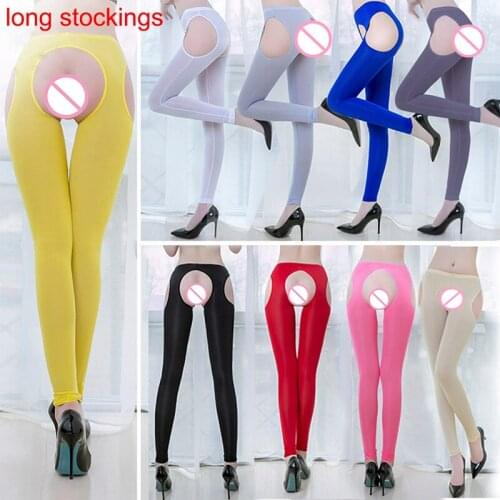 Shiny Beauty Leg Sexy Knee-Length Leggings Women Ice Silk Shiny Open Crotch Long Sheer Pants See Through Elastic Leggings