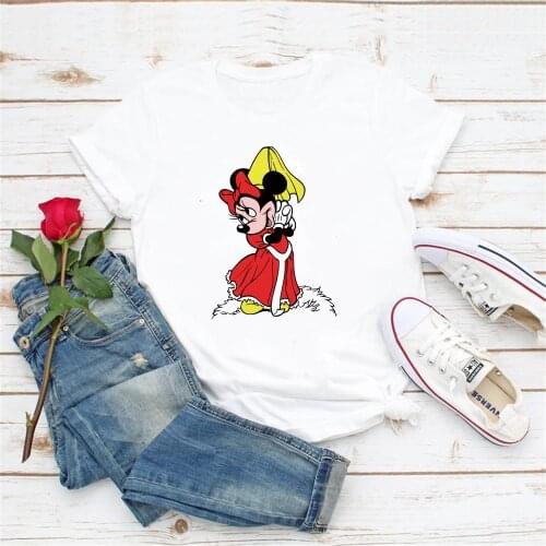 Fashion Women T Shirts Summer Short Sleeve Casual White O-neck Minnie Mouse Printed Streetwera Tee Shirts Disney Cartoon Clothes