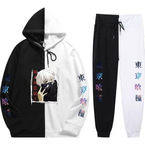 Summer Mens 2 Pieces Sets Anime Harajuku Tokyo Ghoul KANEKI Print Patchwork Thin Hoodie+PatchworkPants The New Sweatshirt
