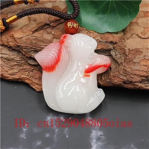 Natural Red White Hetian Jade Stone Squirrel Pendant Necklace Chinese Jadeite Jewelry Charm Amulet Carved Gifts for Women Men