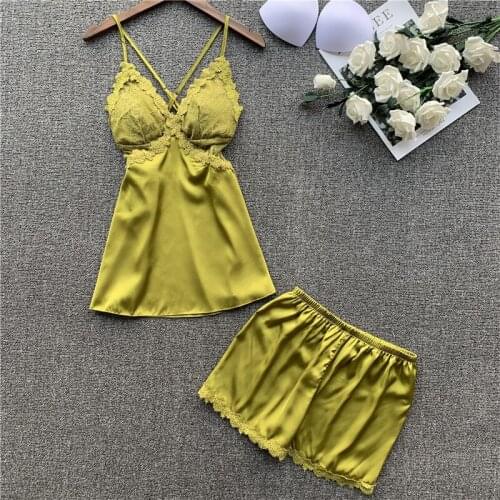 Spring New Satin Camisole Shorts Pajamas Twinset Princess Wind Lace Sexy Reveal Back Sleepwear