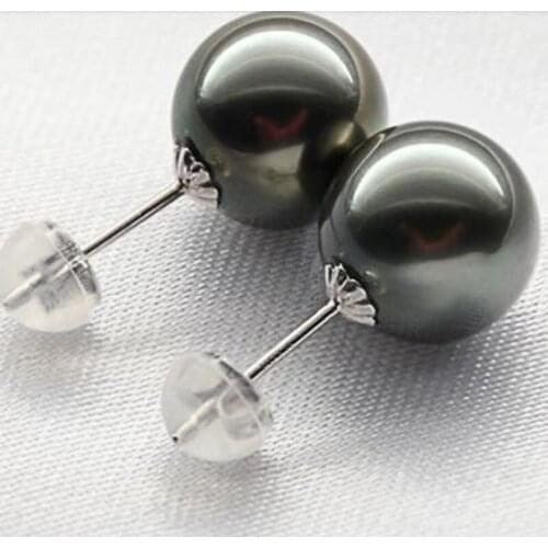 Charming AAA10-11mm tahitian black pearl earring 18k yellow gold