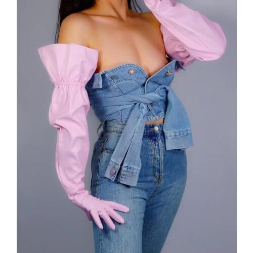 Womens fashion elastic wide sleeve pu leather glove ladys club performance formal party leather pink long glove 70cm R2507