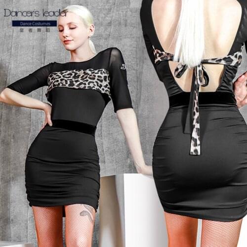 New latin dance dress adult practice clothes female backless sexy leopard black latin skirt club dance performance costume