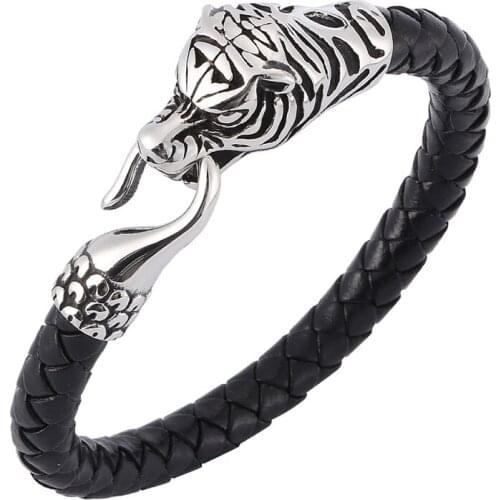 Punk Black/Brown Leather Braided Bracelet Men Tiger Head Stainless Steel Easy-Hook Woven Bracelets Male Fashion Jewelry ST0388