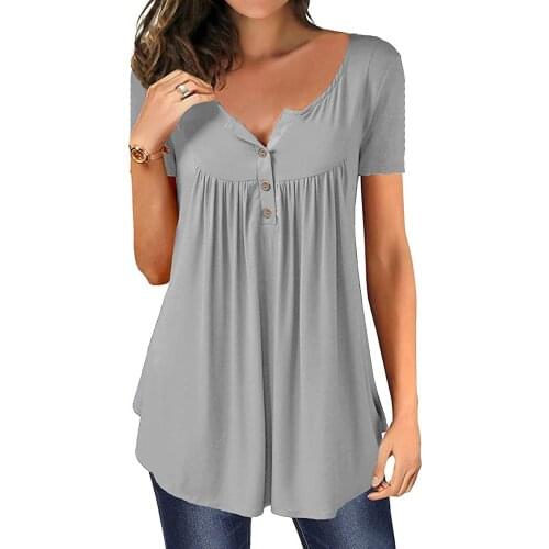 Casual Plus Size Vintage O Neck Printed Solid Color Women T Shirt Flowy Hem Loose Button Tunic Short Sleeve T Shirts Tees Tops 2