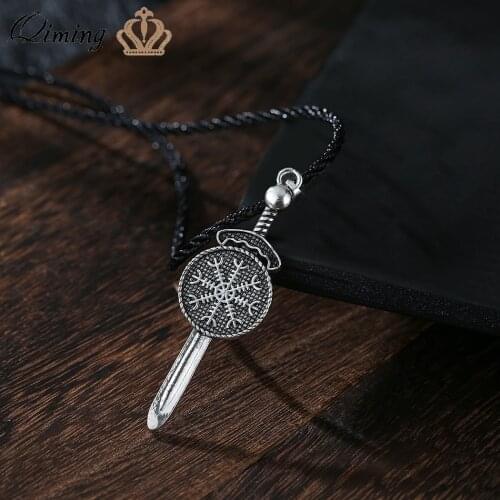 QIMING Antique Silver Viking Sword Pendant Necklace For Men Male Retro Jewelry Snowflake Charm Women Necklace