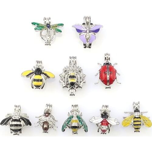 Mixed Colors Enamel Rhinestone Flying Insect Bee Ladybug Beads Cage Perfume Diffuser Pearl Cage Locket Pendant